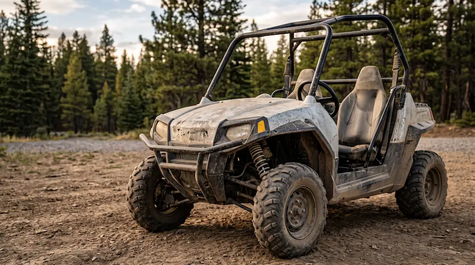 Older side-by-side with sun-faded, scratched plastics parked at a trailhead