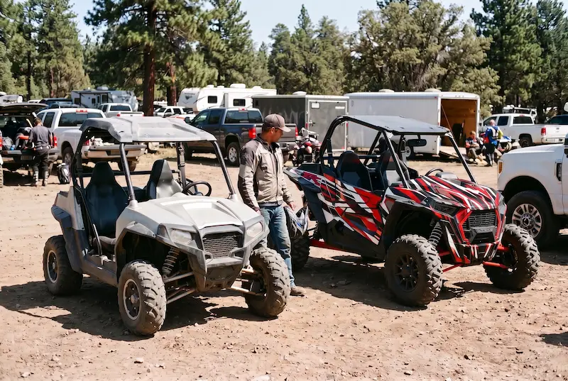 Rider beside a faded, scratched side-by-side, glancing at a shiny new machine parked next to it at a trailhead